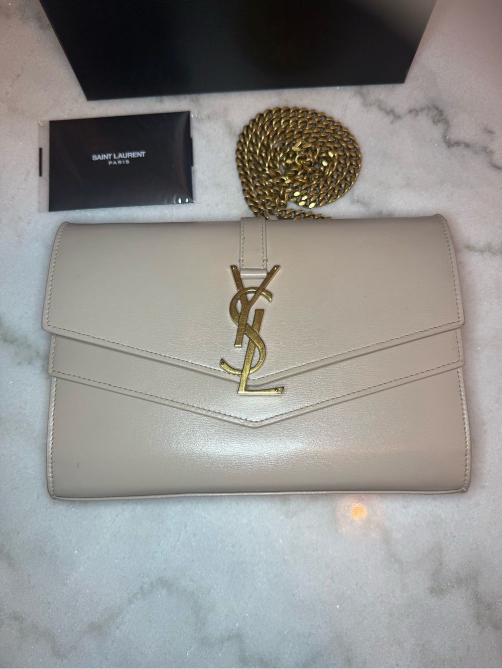 Saint Laurent Beige Leather Envelope Chain Wallet